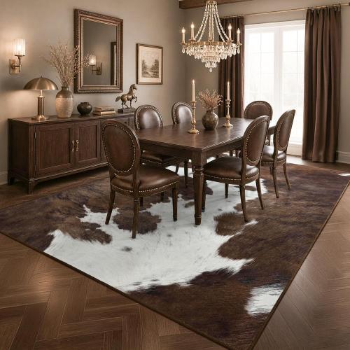 Foxmas Cow Print Rugs for Living Room Bedroom, 8x10 Washable Non-Slip Low Pile Indoor Floor Rug, Carpet for Dining Room Kitchen Office Western Home Decor, Brown