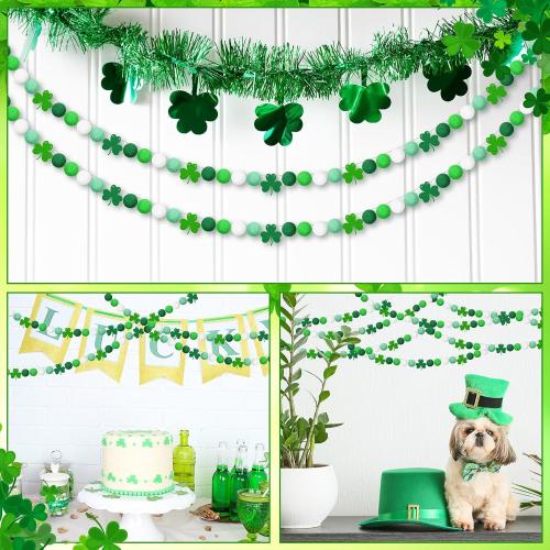 Moukeren 6 Pcs St. Patrick Day Banner 39 ft Felt Shamrock Garland Pre-Assembled Football Pom Pom Felt Banner Tailgate Party Decorations for Home Wall Mantle Office Anniversary Irish Holiday Decor