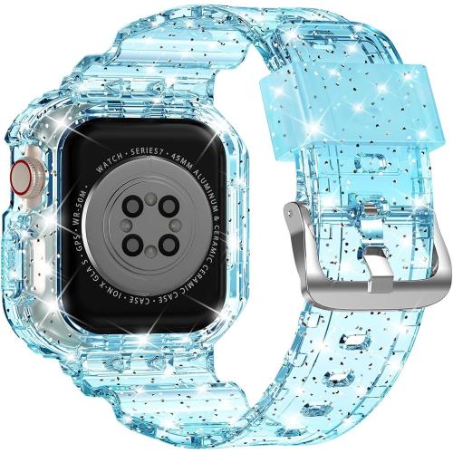 XYF Compatible for Crystal Clear Apple Watch Bands 45/44mm GlitterBlue | Sport Strap & Bumper Case Cover for Men Women, Crystal Clear Jelly, Compatible iWatch Ultra 3 2 Series 11 10 9 8 7 SE 6 5 4 3