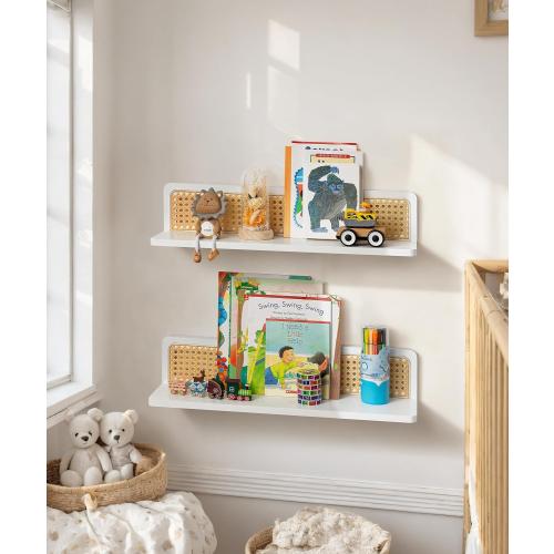 Rattan Wall Shelf 24inch Set of 2, Handmade White Floating Shelves Boho Wall Decor, Rustic Wood Wall Mounted Storage Shelves for Living Room Nursery Bedroom