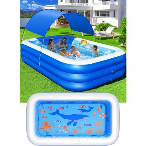 Color Blue Inflatable Pool with Canopy,Upgraded Inflatable Swimming Pool for Kids,Adult,Large Inflatable Blow up Pools,Ocean Theme Oversized Thickened Inflatable Family Pools for Backyard-Blue