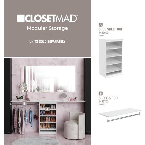 ClosetMaid Modular Storage Angled Shelves, Wood Closet Organizer Adjustable, Stacking, Full Backer, Decorative Trim, White, Shoe Shelf Unit