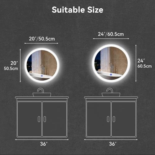 20“ x 20” LED Bathroom Smart Mirror, Round Mirror with Three Color Light Temperature Brightness Settings,Backlit   Front Lit,Wall-Mounted Vanity Mirror with Memory Function
