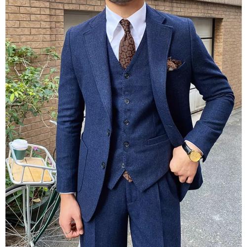 Men's 3 Piece Tweed Suit Herringbone Slim Fit Wool Blend Tuxedos Set Vintage Work Wedding Business Jacket Blazer Vest Pants Size 42