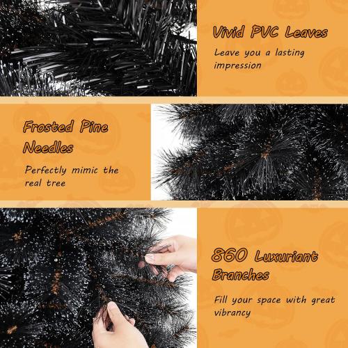 HAPPYGRILL 8 FT Pre-lit Black Christmas Tree, Artificial Halloween Tree w/860 Branch Tips, Frosted Pine Needles, 450 White LED Lights, Folding Metal Stand & Gloves, Hinged Xmas Tree for Carnival
