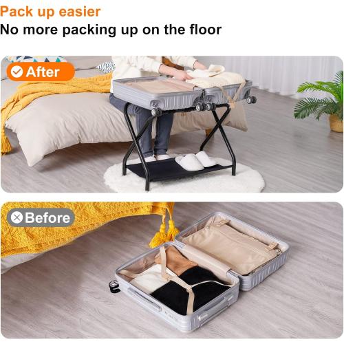Heybly Luggage Rack for Guest Room, Pack of 2, Steel Folding Suitcase Stand with Storage Shelf for Bedroom, Hotel, Foldable Steel Frame, Guest Room 26.2 L x 14.4 W x 20.5 H, Black HLR004B2