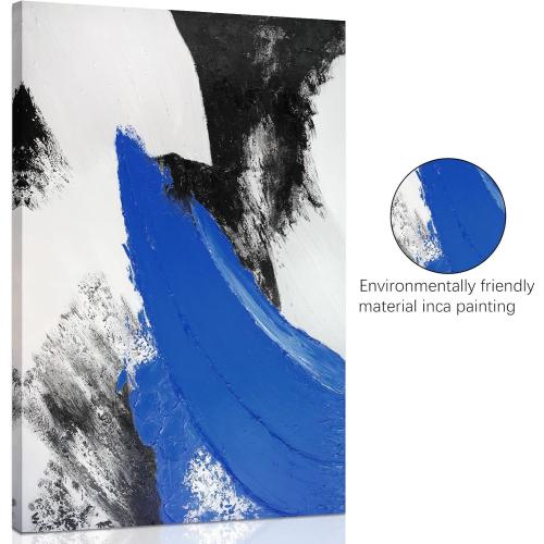 YPY Blue Abstract Canvas Wall Art: Modern Minimalist Black and White Picture Handmade Textured Oil Painting Poster for Living Room Bedroom Bathroom Office Home Wall Decor 24x36