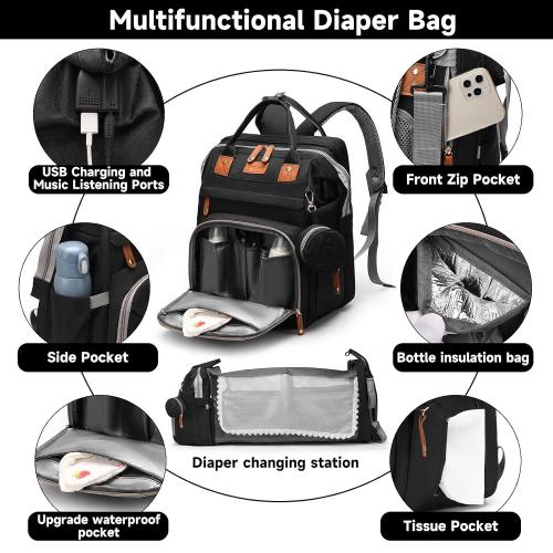 Baby Diaper Bag Backpack with Changing Station,Baby Essentials(Black)