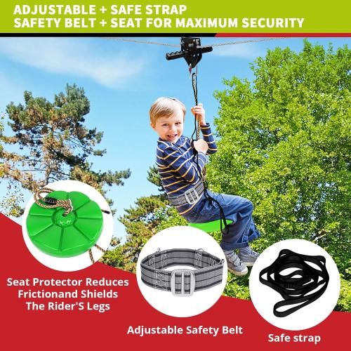 150/180/200 Feet Zip Line Kit for Kids and Adult Up to 330 lb - Updated Removable Design Trolley and Thickened Seat Rust Proof W/Safety Harness - Zipline Kits for Backyard