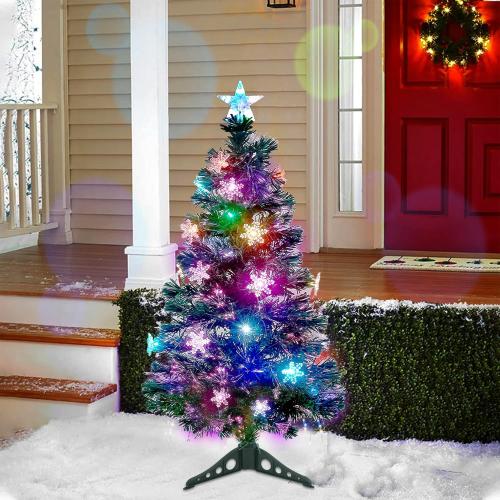 Juegoal 3 ft Pre-Lit Artificial Mini Christmas Tree, Lighted Optical Fiber Tabletop Xmas Trees with RGB Color Changing LED Lights, Snowflakes & Top Star, Festive Party Holiday Fake Multicolored Tree