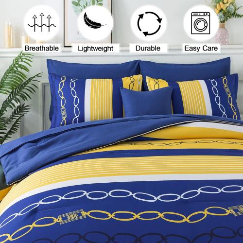 8 Pieces Bed in a Bag Stripe Comforter Set Queen Size,Patchwork Striped Comforter with Sheets Set Soft Microfiber Boho Bedding Sets (Blue Yellow)