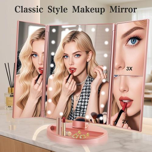 Tri-fold Lighted Vanity Makeup Mirror with 3x/2x Magnification,21 LEDs Light and Touch Screen,180 Degree Free Rotation Countertop Cosmetic Mirror,Travel ***(Rose Gold)***