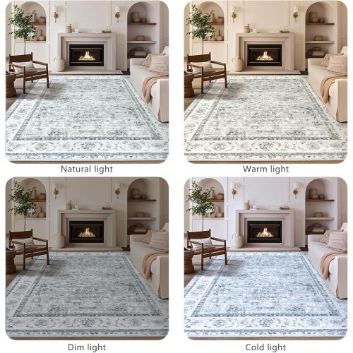 Floral 9x12 Area Rugs - Grey Large Machine Washable Living Room Rug Non Slip Ultra-Thin Stain Resistant Bedroom Rug Vintage Retro Boho Accent Rugs for Bedroom Dining Room Office Carpet