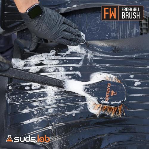Suds Lab FW Fender Well Brush, Car Wash Brush, Long Handle Tire Cleaner for Car Detailing, 18 Inch, Soft Bristles, Non-Slip Grip, Black