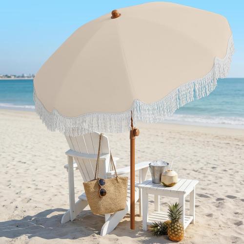 AreShark 7ft Patio Umbrella with Fringe, UPF50  Beach Umbrella for Table, Pool & Garden, Portable Outdoor Tassels Umbrella w/Fiberglass Ribs&Push Bottom Tilt(Ivory)