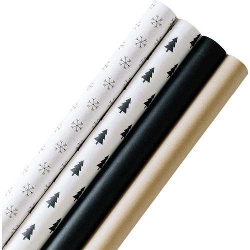 Holiday Kraft Wrapping Paper Set (4 Rolls, 120 sq. ft. total) Black, White, Brown, Christmas Trees, Snowflakes with Cutting Grid Lines on Back