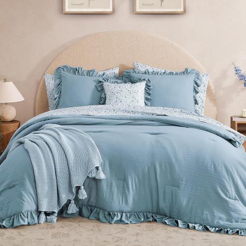 BLOOMHAVEN Oversized Queen Comforter Set - 7 Pieces Ruffle Blue Bedding Sets, Shabby Chic Farmhouse Bed in a Bag with Ruffle Comforter, Floral Sheets, Pillowcases & Shams