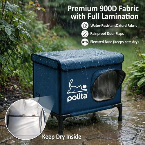 Polita Indestructible Heated Cat House for Outdoor Cats All Seasons, Extremely Insulated & 100% Weatherproof, Elevated Feral Cat Shelter with Waterproof Eaves &Safe Escape Door for Stray & Barn Cats​​