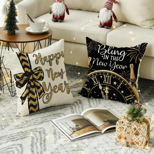 AVOIN colorlife Happy New Year Cheers at The New Year Throw Pillow Covers, 18 x 18 Inch Winter Holiday Celebrate Party Cushion Case Decoration for Sofa Couch Set of 4