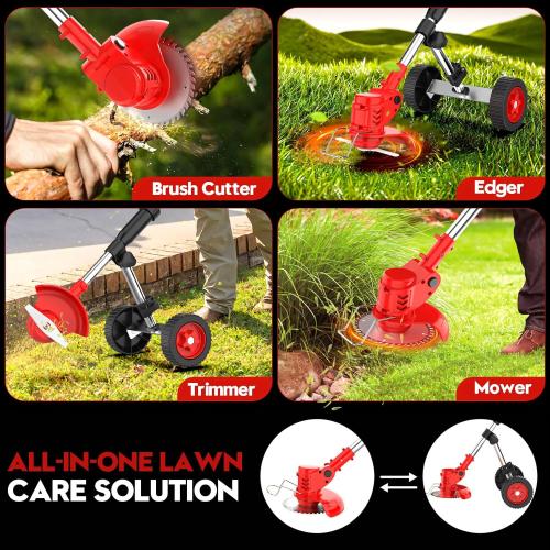 Used Electric Weed Wacker Cordless On Wheel, Lightweight Weed Eater Battery Powered 4000mAh 21V, 4 in 1 Lawn Edger Weed Trimmer Brush Cutter Mower, No String Grass Trimmer Wheel Yard Garden Tool