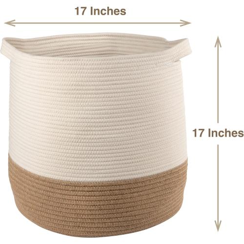 GooBloo Woven Blanket Basket - 17 x 17” - Large Tall Decorative Laundry Hamper with Handles - Cotton Rope Storage for Baby Nursery or Living Room