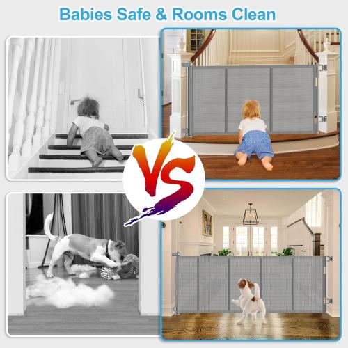 Upgrade 120 inch Retractable Baby Gates, EZIGO Extra Wide Baby Gate for Large Opening Extra Long Mesh Gate for Kids or Pet Dog Gate Child Safety Gate for Stairs Hallways Doorway Indoor Outdoor, Gray
