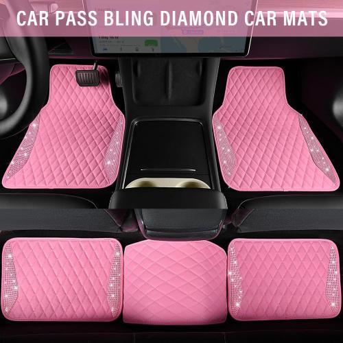 CAR PASS Bling Leather Car Mats Shining Diamond Floor Mats Crystal Rhinestones Sparkly Glitter Carpet Anti-Slip Waterproof Pad Universal Fit for Automotive SUV, Sedan, Van, 5pcs for Girl Women Pink
