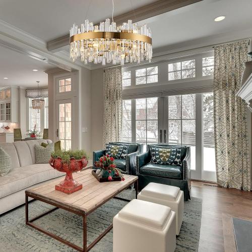 Round Crystal Chandeliers, D23.6 inch 12-Light Brass Gold Chandelier Lighting Fixture, Height Adjustable Pendant Ceiling Light for Living Room Dining Room Bedroom