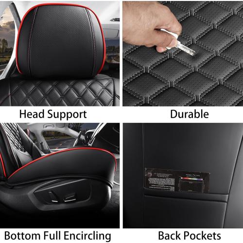 BLACK AND RED Car Seat Covers Full Set, Luxury Faux Leather Car Seat Covers Waterproof Non-Slip Seat Protector Universal Fit for Most Cars SUVs Trucks Pick-ups,Black Red Car Accessories Interior
