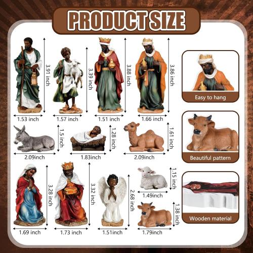 Thyle 12 Pcs African American Mini Nativity Scene Set for Christmas Indoor Decor Wooden Little Black Nativity People Set Mini Christmas Ornaments Gifts Xmas Tabletop Scenes Figures