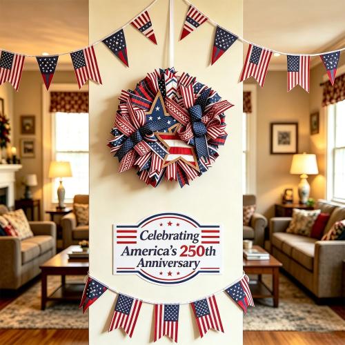 Spiritlele 250th Anniversary USA Door Sign Star Patriotic Wreath 4th of July Memorial Day Hanging Garland Indoor Decoration for Front Door Home Office Celebration Gift