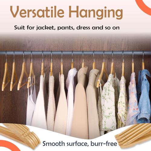 ELONG HOME Solid Wooden Hangers  Wood Suit Hangers with Extra Smooth Finish, Precisely Cut Notches and Chrome Swivel Hook, Clothes Hangers for Shirt Coat Jacket Dress, Natural