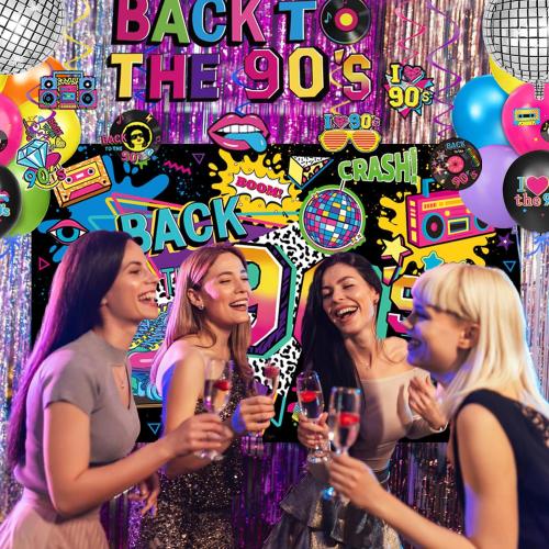90s Party Decorations Includes 90's Backdrop, Foil & Latex Balloons, Cake & Cupcake Toppers, Honeycomb Centerpieces Banner, Hanging Swirls for 80s 90s Party Decorations