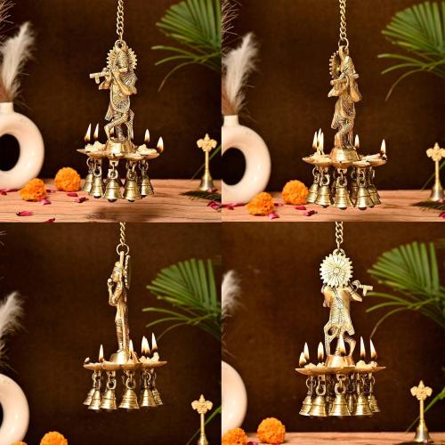 LOVENSPIRE Brass Krishna Wall Hanging Diya with Bells & Chain Krishna Hanging Idol Oil Lamp Home Temple Mandir Office Diwali Decor Kathu Vilakku Puja Diyas - Deepawali Housewarming Return Gifts