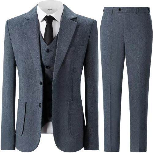 Men's 3 Piece Tweed Suit Herringbone Slim Fit Wool Blend Tuxedos Set Vintage Work Wedding Business Jacket Blazer Vest Pants Size 42