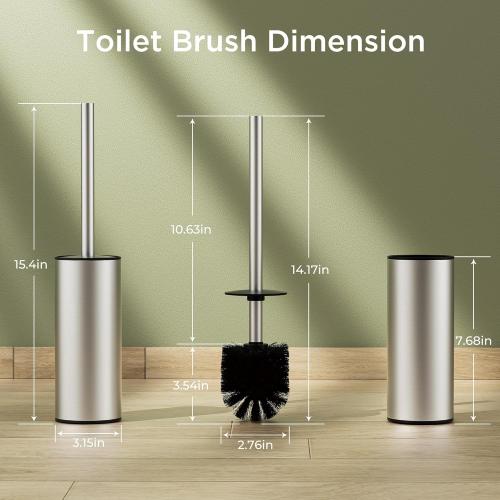Toilet Brush and Holder Set, Toilet Bowl Brush with Heavy Duty 304 Stainless Steel Base and Extra Long Handle, Toilet Bowl Cleaners Brush for Bathroom (Stainless Steel)