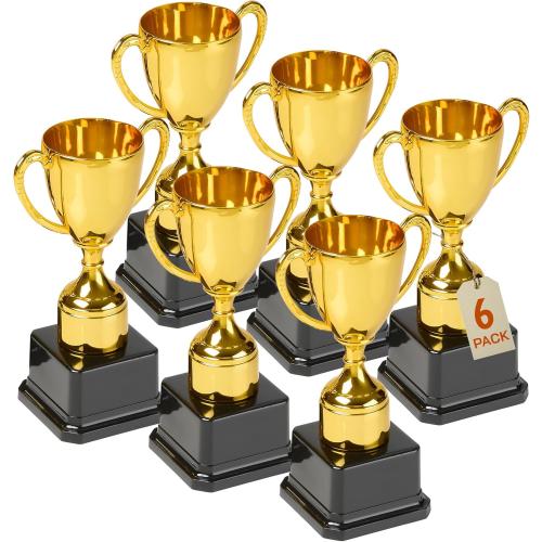 Playbees Fun Gold Plastic Trophies - 9 Pack - 7 Inch - Award Trophy Cup Set for Superstar Kids - Champion Celebrations, Sports Galore, and Victory Vibes - Desktop Toy
