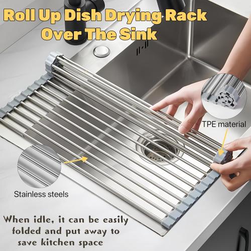 Roll Up Dish Drying Rack, 17.7 x 11.8 Over The Sink Dish Drying Rack, Dish Drying Rack for Kitchen Sink Counter Storage (Grey)