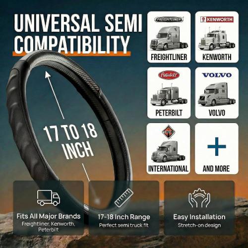 18 Inch Semi Truck Steering Wheel Cover for Freightliner Cascadia, Kenworth T680 T880, Peterbilt 579 & Volvo VNL – Heavy Duty Anti-Slip Leather Grip for Big Rig Class 8 Trucks – Black