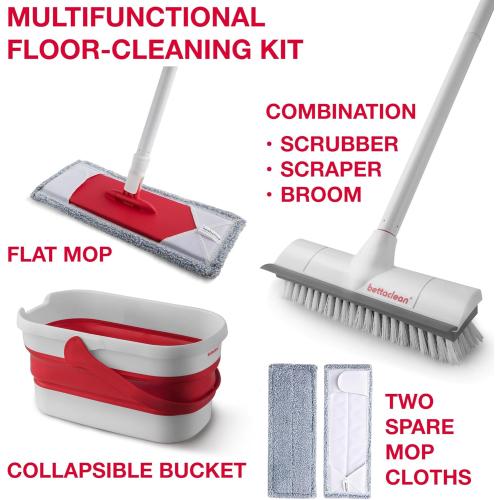 Home & Outdoor Heavy-Duty Scrub Mop and Broom with Collapsible Bucket Set & Microfiber Cloth Replacement Pack