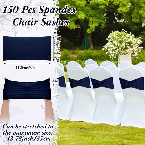 Moukeren 150 Pcs Spandex Chair Sashes Bows Bands Chair Covers Decorations Elastic Ribbon Seat Ties for Wedding Birthday Party Banquet Hotel Events Ceremony(Navy Blue)