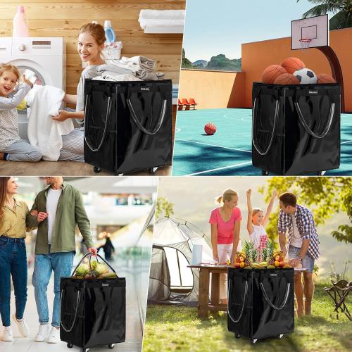 (Large, Black) Reusable Grocery Bag on 5 Wheels, Foldable Rolling Tote Carries Up to 76lb Shopping Trolley, Rolling Bag with 3 Handles, Zipper Clouser Rolling Tote Bag with Wheels for Laundry
