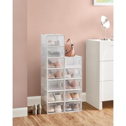 SONGMICS Shoe Boxes, Pack of 12 Shoe Storage Organizers, Stackable Clear Plastic Boxes for Closet, Sneakers, 13.1 x 9.1 x 5.6 Inches, Transparent and White ULSP12SWT