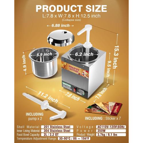 WantJoin Nacho Cheese Dispenser with Pump - 2.2Qt Nacho Cheese Warmer,Stainless Steel Hot Fudge Warmer W/5-Level Temperature Adjustment,Commercial Hot Fudge Dispenser for Hot Fudge Cheese Caramel
