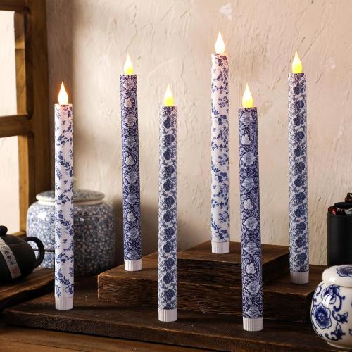 Baquler 6 Pcs Chinoiserie Flameless Candles 10.6 Inch Blue and White Battery Operated Led Candlesticks Chinoiserie Decor Porcelain for Holiday, Wedding, Party Table Centerpiece Home Decor