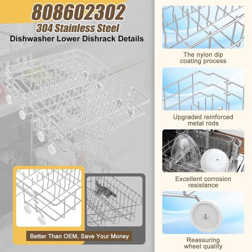 UPGRADED 304 Stainless Steel 808602302 5304535768 Dishwasher Lower Rack Replacement Compatible with Frigidaire Dishwasher Rack Parts with 154174501 Wheels Replaces 154432602 154432601 Dishwasher