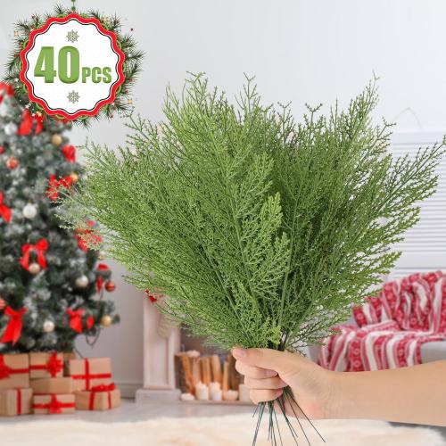 Hananona Artificial Pine Branches,40 Pcs Christmas Faux Cedar Stems, Artificial Faux Cedar Branches, Fake Christmas Greenery Pine Picks for Wreath Craft DIY Home Kitchen Decorations (40, Green)