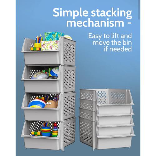 TidyFriend Stackable Storage Bins for Pantry, 4 Pack Stackable Bins For Organizing Food, Kitchen, and Bathroom Essentials (Light Grey)