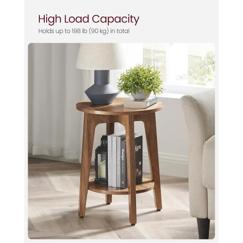 VASAGLE MAEZO Collection - Side Table, 2-Tier Small Round End Table, Nightstand with Tapered Legs, Curved Transitions, for Small Spaces, Living Room, Bedroom, Rustic Walnut ULET283T41