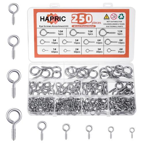 250 Pcs Eye Hook Screw, Screw Eyes 0.75-1.75 Christmas Tree Stand Screws Eye Bolts 9 Size Heavy Duty Eyelet Screw Nickel Plated Self Tapping Screws for Picture Frame